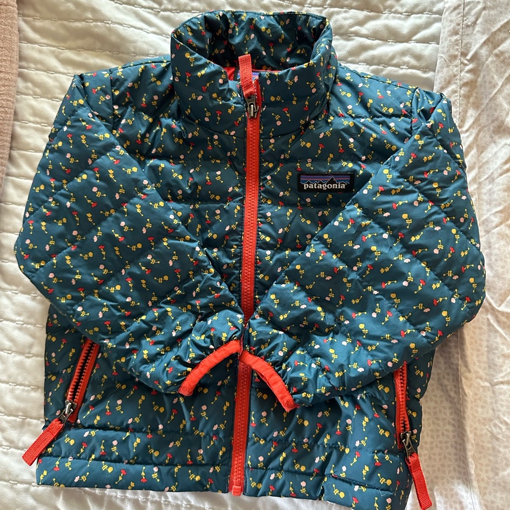 Patagonia Kids Teal Floral Puffer with Red Zippers
